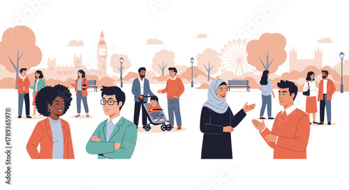 Illustration of diverse people interacting in a park setting with iconic London landmarks in the background.