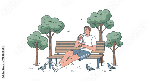 A man relaxing on a park bench, drinking from a gourd with a straw, surrounded by trees and pigeons.