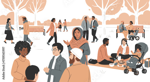 Diverse group of people enjoying a sunny day in the park.