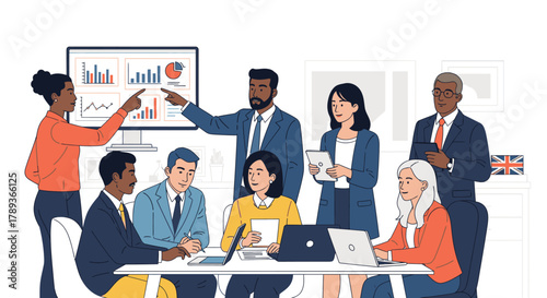 Diverse business team collaborating around a table, analyzing data and discussing strategies.