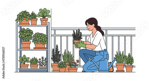 A woman tending to her potted plants on a balcony, enjoying gardening and nature.