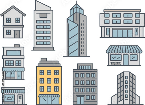 Collection of modern city buildings and houses illustration, urban architecture set, residential and commercial properties, flat minimal design icons