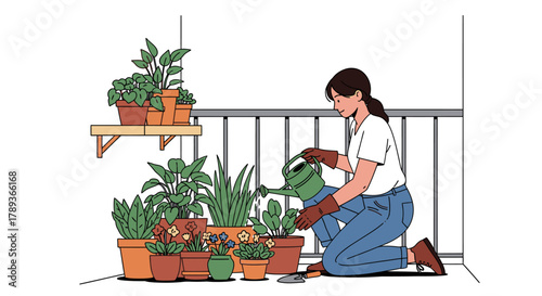 Woman watering plants on a balcony with various potted plants.