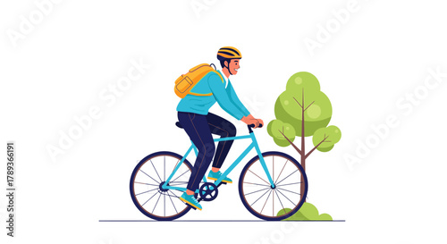 A person wearing a helmet and backpack rides a bicycle next to a tree.