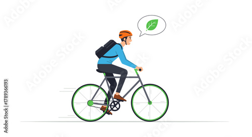 An illustration of a person commuting on a bicycle, thinking about eco-friendly and sustainable transport.