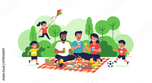 A happy family enjoys a picnic in a park with food, drinks, and a kite.