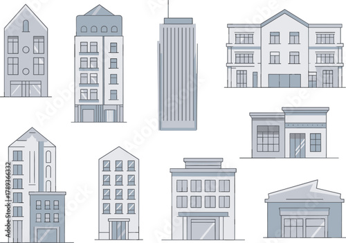Collection of modern city buildings and houses illustration, urban architecture set, residential and commercial properties, flat minimal design icons