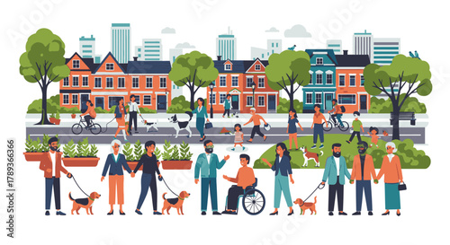 Diverse community enjoying a vibrant neighborhood with houses, trees, and people walking, cycling, and interacting.