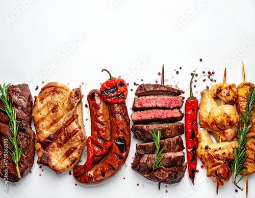 Grilled meats and veggies arranged against white background