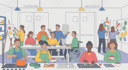 Diverse group of people in an inclusive community workshop learning cooking and painting skills together.