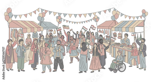 Illustration of a diverse crowd at an outdoor market with food stalls and festive decorations.