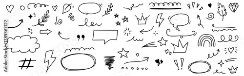 A variety of hand-drawn doodle elements, including arrows, frames, stars, and abstract shapes, presented in a black and white sketch style.