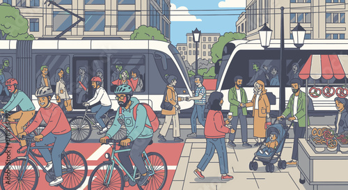 Vibrant illustration of a diverse and busy city street with public transport, cyclists, and pedestrians.