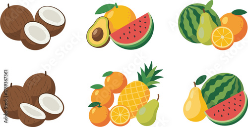 Colorful flat design illustration of tropical fruits including coconut, watermelon, avocado, orange, pear, and pineapple isolated on white background