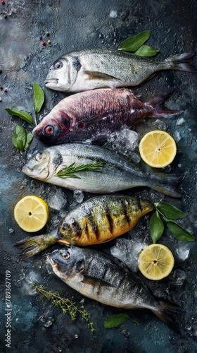 Top view of multiple fresh whole fish with herbs and lemon slices on dark stone surface, moisture and ice texture visible, professional food styling, 8k realistic detail, copy space