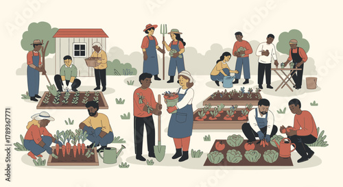 Diverse group of people of various ages and ethnicities working together in a community garden, planting and harvesting vegetables.