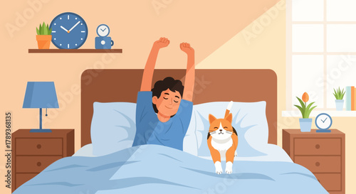 A clean flat design illustration of a man and his pet stretching his arms after waking up, portraying a common morning routine and the transition from sleep. 