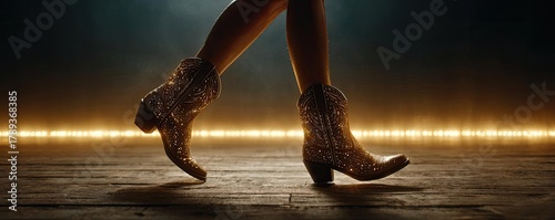 Women dancing in cowboy boots on wooden floor concept. A captivating view of sparkling boots on a dimly lit stage.