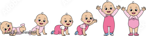 Cute baby growth stages cartoon illustration, newborn crawling sitting standing walking development process, adorable child character evolution, early childhood concept, vector design