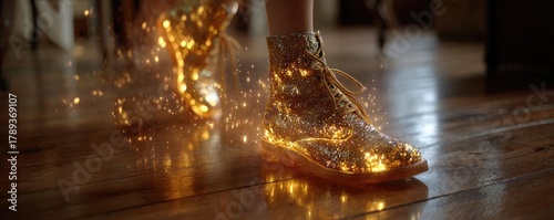 Women dancing in cowboy boots on wooden floor concept. Person wearing glowing shoes creating a magical ambiance indoors.
