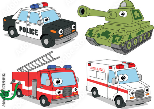 Cute cartoon emergency vehicles and military tank illustration featuring police car, fire truck, and ambulance with smiling faces for kids