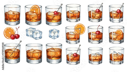 A collection of watercolor illustrations depicting various classic Old Fashioned cocktails with ice, orange peels, and cherry garnishes.