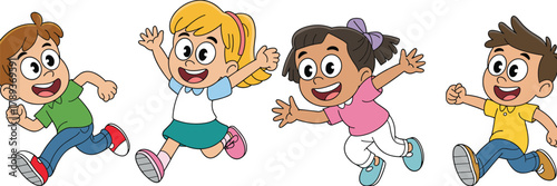Cute cartoon illustration of four happy children running and jumping together, cheerful kids showing joy, friendship, and playful childhood fun