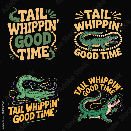 Four Mardi Gras alligator designs with text and beads crocodile reptile