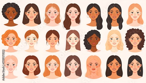 A diverse collection of illustrated female faces, each with unique skin tones and hairstyles, promoting inclusivity