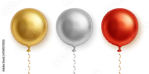 3d realistic vector icon illustration. Set of colorful inflatable ballons in gold, silver and red color with golden ribbon, isolated on white background.