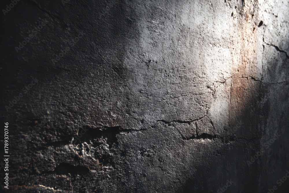 Fototapeta premium Close up of dark grunge concrete texture with rough surface and moody lighting