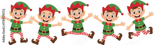 cute christmas elves cartoon illustration, happy santa helpers, festive holiday characters, cheerful elf group, christmas decoration design, vector artwork