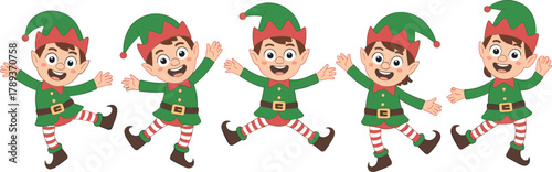 cute christmas elves cartoon illustration, happy santa helpers, festive holiday characters, cheerful elf group, christmas decoration design, vector artwork