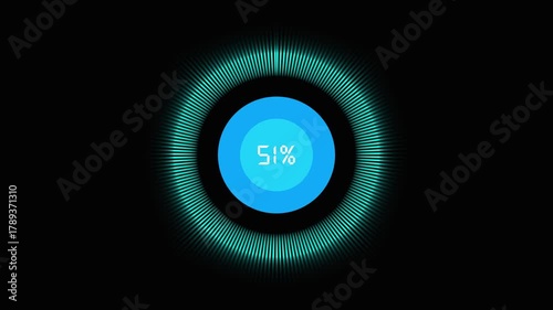 Futuristic Circular Progress Indicator Showing Thirty Percent Charge Level .Futuristic blue ring progress indicator showing 100% percent loading on black progress bar percentage