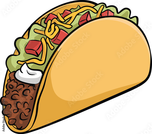 Delicious cartoon taco illustration with beef, cheese, lettuce, tomato, and sour cream, colorful Mexican food design in fun style
