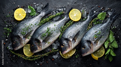Top view of multiple fresh whole fish with herbs and lemon slices on dark stone surface, moisture and ice texture visible, professional food styling, 8k realistic detail, copy space