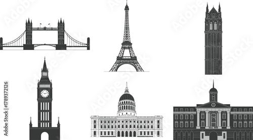 Famous world landmarks illustration, Eiffel Tower, Big Ben, Tower Bridge, Capitol building, gothic architecture, black and white monument design