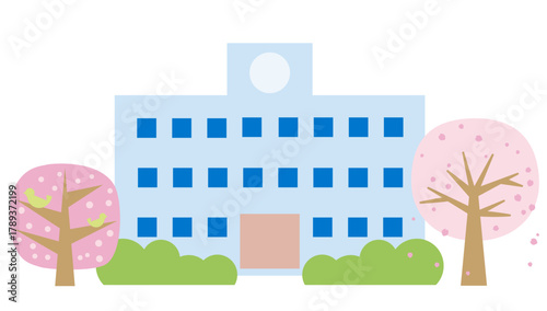 校舎の両側に満開の桜がある学校の風景イラスト