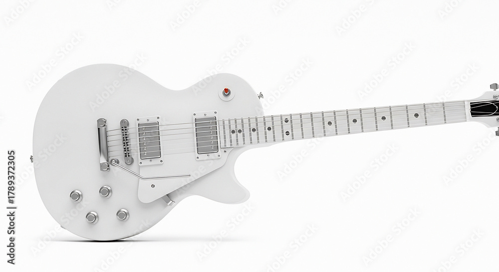 Obraz premium Sleek white electric guitar with chrome hardware and inlaid fret markers, perfect for rock music, blues, and studio recording.