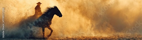 Cowboy rides bronco horse in dusty rodeo arena concept. A silhouette of a rider on a horse amid swirling dust clouds.