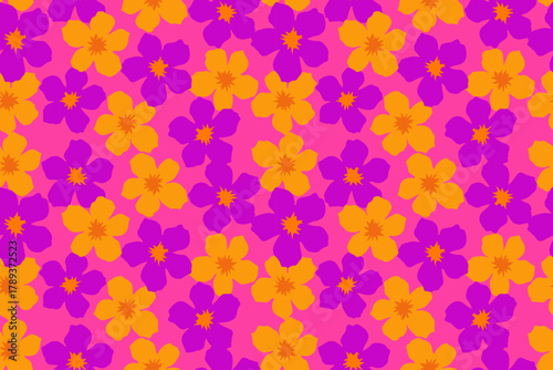 Bright floral seamless pattern featuring orange and purple flowers on a vivid pink background. Ideal for summer fashion, textiles, wallpapers, and creative prints.