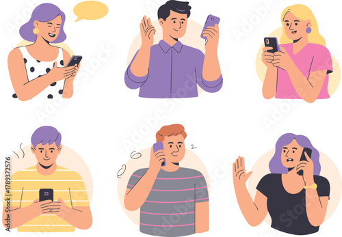 Flat minimalist illustration of people using smartphones for texting, calling, and video chatting, modern communication technology concept design