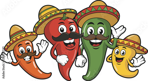 Funny cartoon chili peppers wearing sombreros and mustaches, colorful Mexican food characters celebrating fiesta with happy expressions and vibrant design