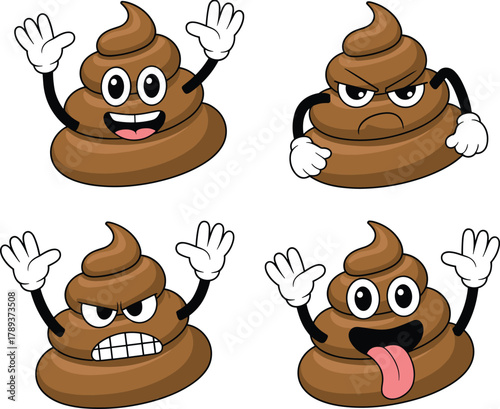 Funny cartoon poop emoji characters showing different emotions, cute brown poop icons with happy, angry, and silly expressive faces
