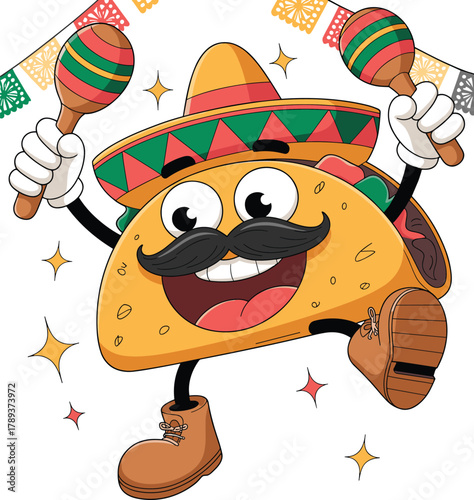 Funny cartoon taco character wearing sombrero and mustache dancing with maracas, Mexican food mascot illustration for Cinco de Mayo celebration