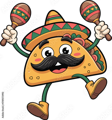 Funny cartoon taco character wearing sombrero and mustache dancing with maracas, Mexican food mascot illustration for Cinco de Mayo celebration