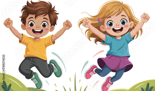 Happy cartoon boy and girl jumping together with joyful expressions, cheerful children illustration showing excitement, fun, and playful energy