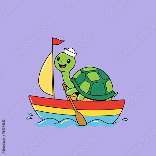 Smiling cartoon turtle sailor rowing a colorful little sailboat on the water.