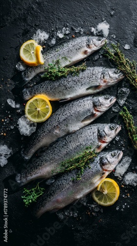Top view of multiple fresh whole fish with herbs and lemon slices on dark stone surface, moisture and ice texture visible, professional food styling, 8k realistic detail, copy space