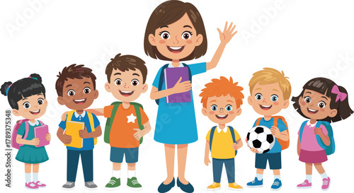 happy teacher with diverse group of children, cartoon school illustration, kids education concept, classroom learning, teacher and students, vector